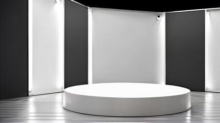 generative AI white Exhibition stage backdrop clean product background stand or podium pedestal on advertising display 