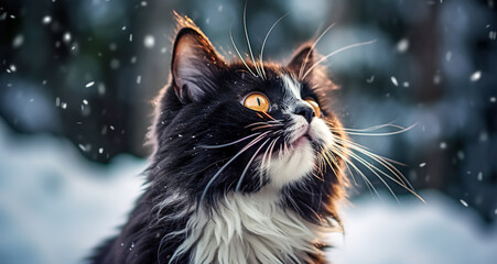 A funny black cat in winter bokeh landscape with falling snow. Fluffy cat in a snowy forest in a...