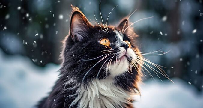 A funny black cat in winter bokeh landscape with falling snow. Fluffy cat in a snowy forest in a snowfall. hunter cat - Powered by Adobe