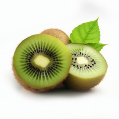 Fototapeta na wymiar Delicious fresh kiwi fruit with green leaves isolated on white background