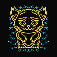 Premium Monoline Colorful Cute Cat Vector Graphic Design illustration Vintage style Emblem Symbol and Icon