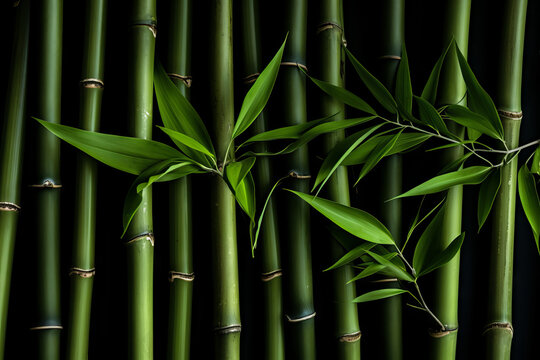 Green bamboo stalks and leaves on a black background © Suplim