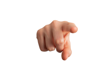 Index finger pointing at you, in front direction isolated on white