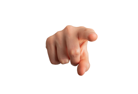 Index finger pointing at you, in front direction isolated on white