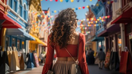 Obraz premium Attractive woman walking down the street with shopping bag