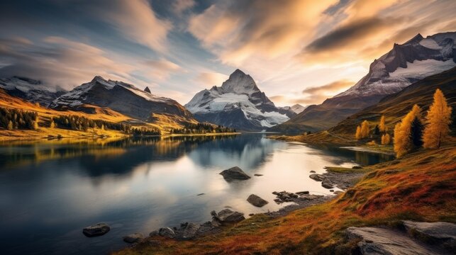 Fantastic evening panorama of Bachalp lake / Bachalpsee, Switzerland. Picturesque autumn sunset in Swiss alps, Grindelwald, Bernese Oberland, Europe. Beauty of nature concept background. © Nijat