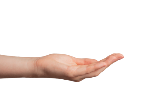 Hand palm stretched, holding and showing something, isolated on white