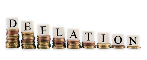 A stacked gold coin. Stack of coins. Deflation text. No background. PNG, Transparent