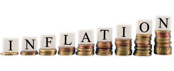 A stacked gold coin. Stack of coins. Inflation text. No background. PNG, Transparent