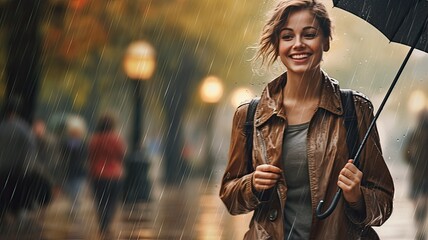 a joyful woman standing outdoors on a rainy day, holding a colorful umbrella. Her sincere smile and delighted expression should radiate happiness.