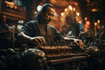 Traditional Indonesian gamelan musicians creating intricate, melodious compositions. Generative Ai.