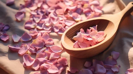 Poster A simple wooden spoon surrounded by dry rose petals. Creative concept for cosmetics with rose extract, rose oil. Backdrop for natural cosmetics products.  © IndigoElf
