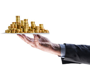 Hand holding a stacked gold coins. Stack of coins. No background. PNG, Transparent