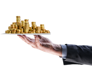 Hand holding a stacked gold coins. Stack of coins. No background. PNG, Transparent