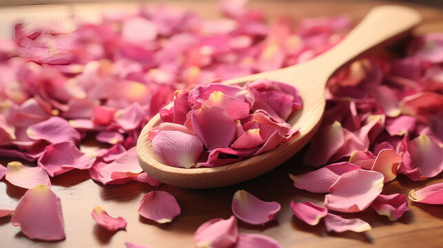 A simple wooden spoon surrounded by dry rose petals. Creative concept for cosmetics with rose extract, rose oil. Backdrop for natural cosmetics products. 