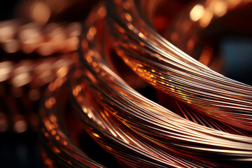 A copper wire coil with a shiny surface and a dark background, creating a contrast of light and shadow - obrazy, fototapety, plakaty