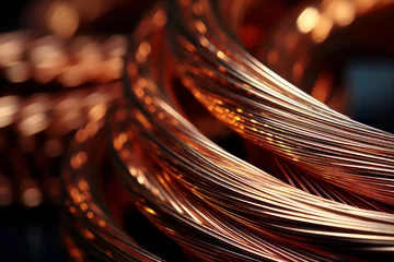 Foto op Canvas A copper wire coil with a shiny surface and a dark background, creating a contrast of light and shadow © Suplim