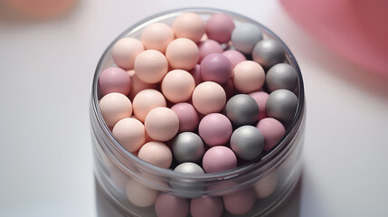 Obraz premium Cosmetic powder in the shape of balls, top view, on flat background with copy space. Creative powder in the form of multicolored pastel balls for the face.