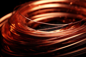 A copper wire coil with a shiny surface and a dark background, creating a contrast of light and shadow - obrazy, fototapety, plakaty