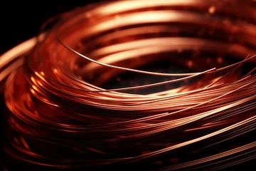 Foto op Canvas A copper wire coil with a shiny surface and a dark background, creating a contrast of light and shadow © Suplim