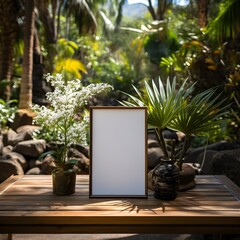 White Blank photo frame mock-up with tropical background