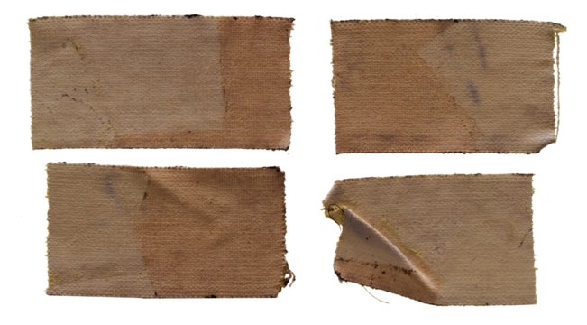 set of four bright and wrinkled fabric or cloth sticker, png asset.