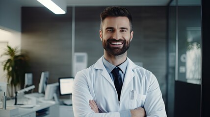 a confident, bearded dentist standing in a well-lit dental office, holding his arms in crossed positions. He should be expressing a reassuring and positive demeanor, emphasizing the importance