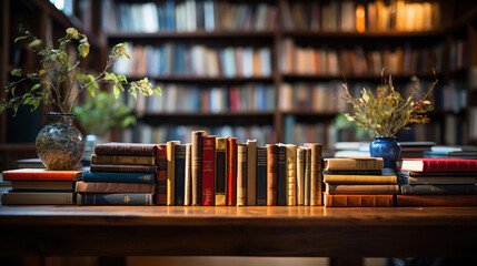 Lots of books on the table in front of the library shelves