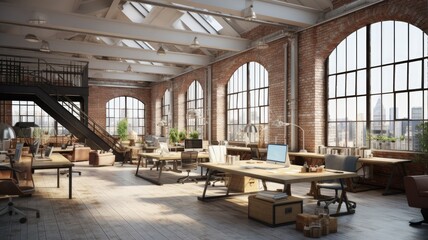 a spacious brick concrete hall in soft, light colors, illuminated by an array of stylish ceiling lamps. The hall should exude a modern industrial aesthetic, with a balance of warmth and minimalism.
