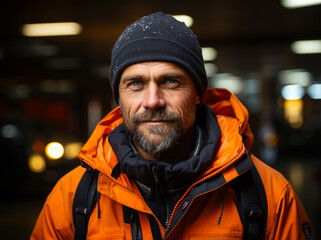 A man with a beard wearing an orange jacket