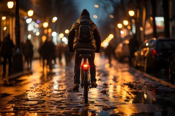 A man riding a bicycle on a rainy evening street - obrazy, fototapety, plakaty
