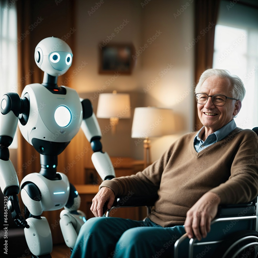Poster robot assistant for person in wheelchair. robotic geriatric care in retirement home. robot caregiver