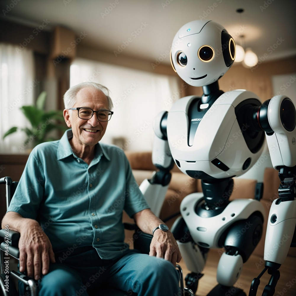 Poster robot assistant for person in wheelchair. robotic geriatric care in retirement home. robot caregiver