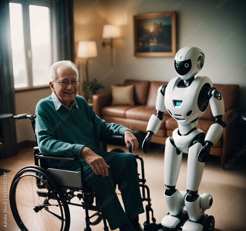 Poster robot assistant for person in wheelchair. robotic geriatric care in retirement home. robot caregiver