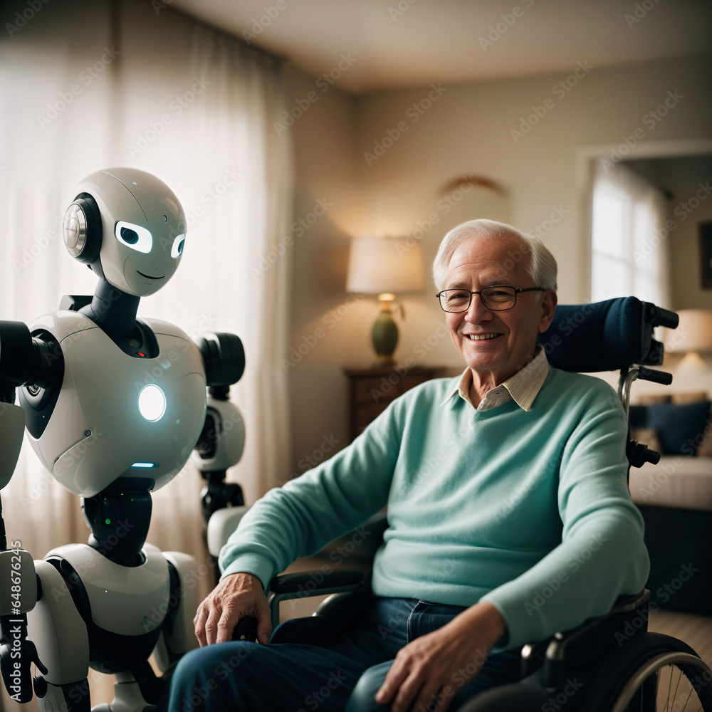 Poster robot assistant for person in wheelchair. robotic geriatric care in retirement home. robot caregiver