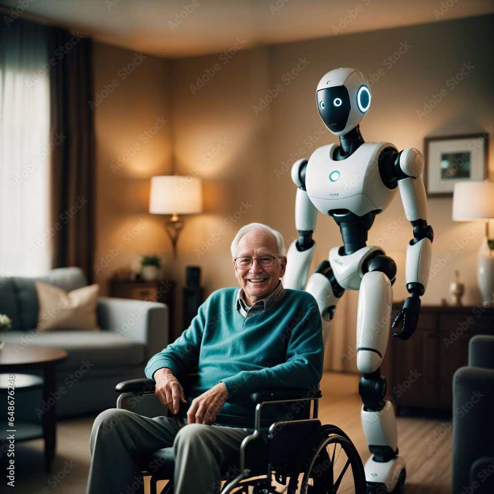 Poster robot assistant for person in wheelchair. robotic geriatric care in retirement home. robot caregiver