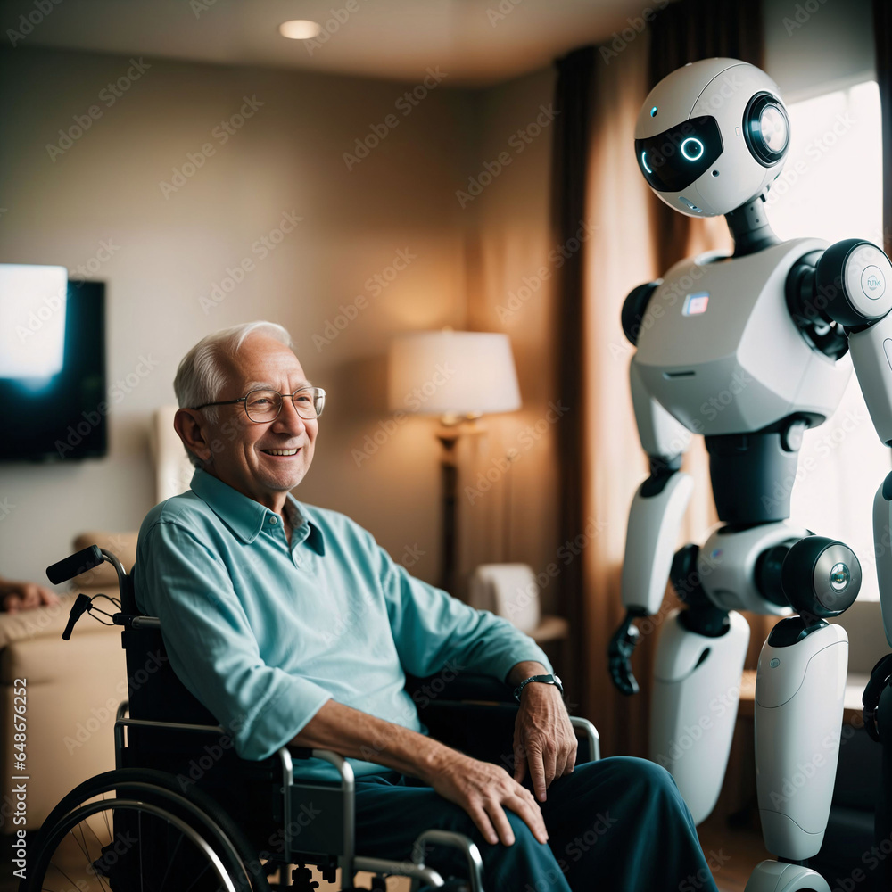 Poster robot assistant for person in wheelchair. robotic geriatric care in retirement home. robot caregiver