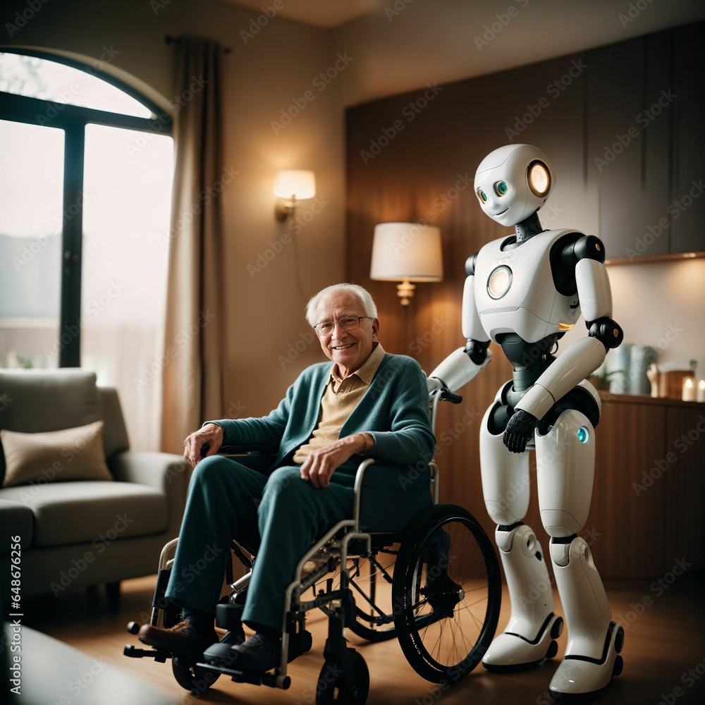 Poster robot assistant for person in wheelchair. robotic geriatric care in retirement home. robot caregiver