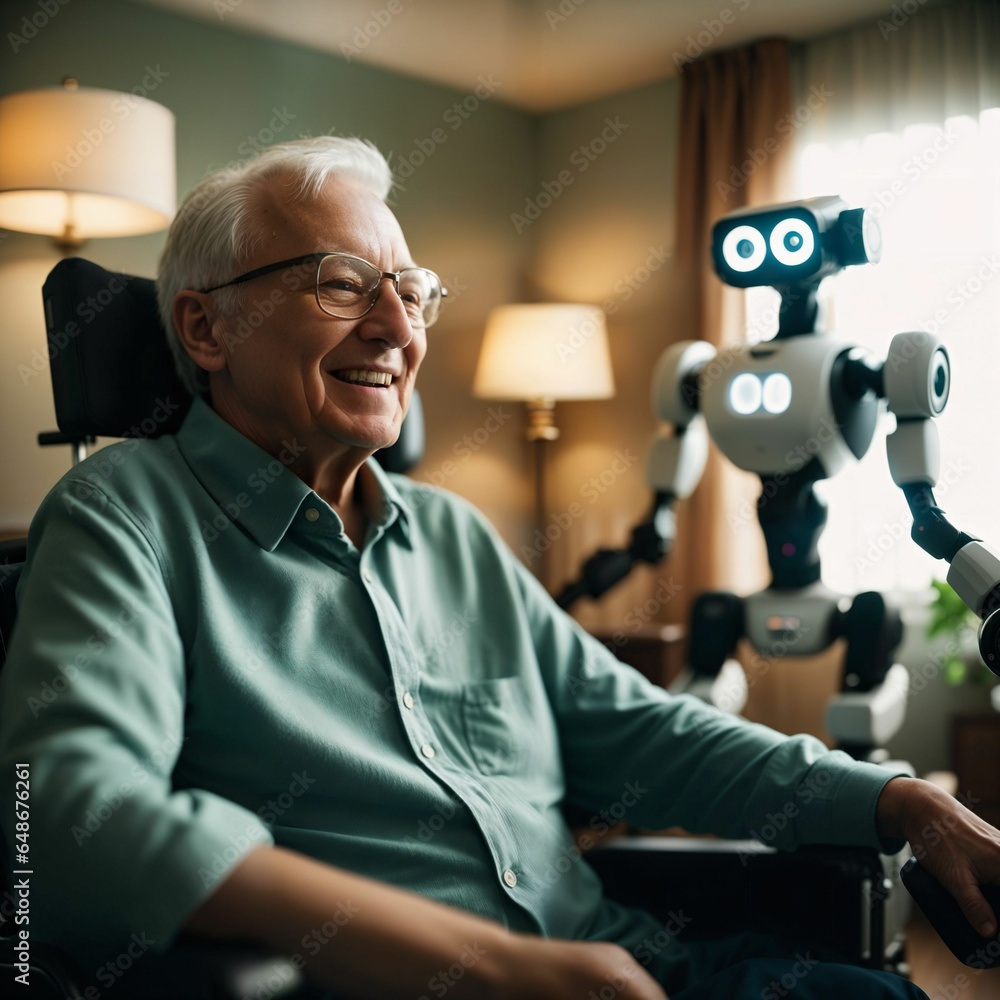 Poster robot assistant for person in wheelchair. robotic geriatric care in retirement home. robot caregiver