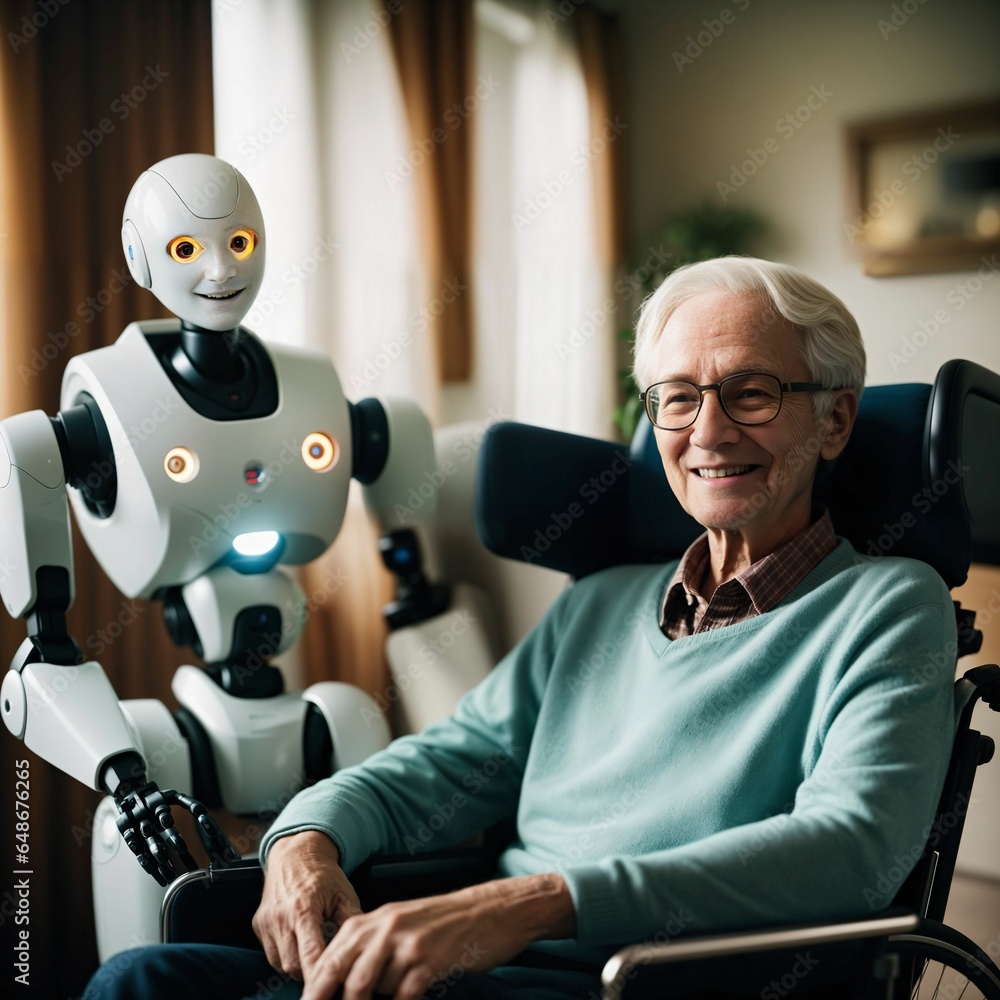 Poster robot assistant for person in wheelchair. robotic geriatric care in retirement home. robot caregiver