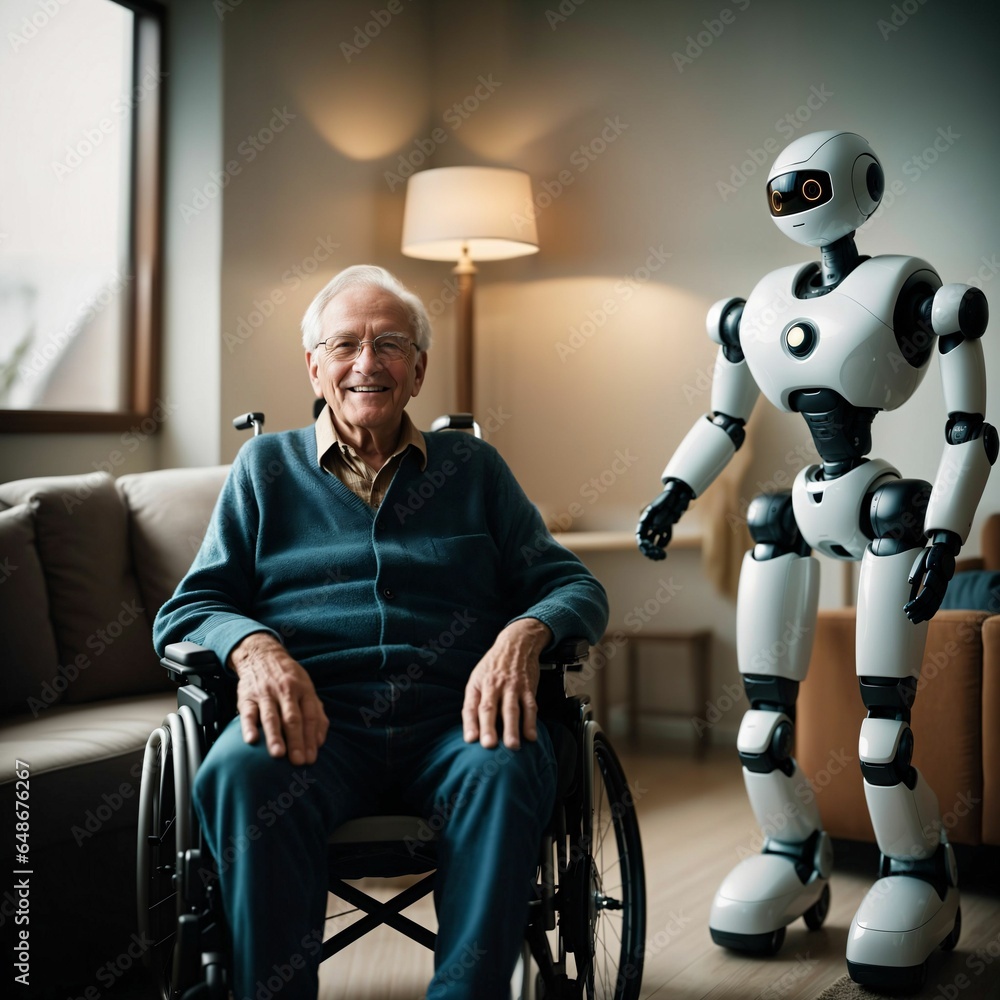 Poster robot assistant for person in wheelchair. robotic geriatric care in retirement home. robot caregiver