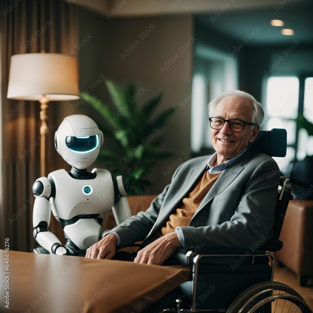 Poster robot assistant for person in wheelchair. robotic geriatric care in retirement home. robot caregiver