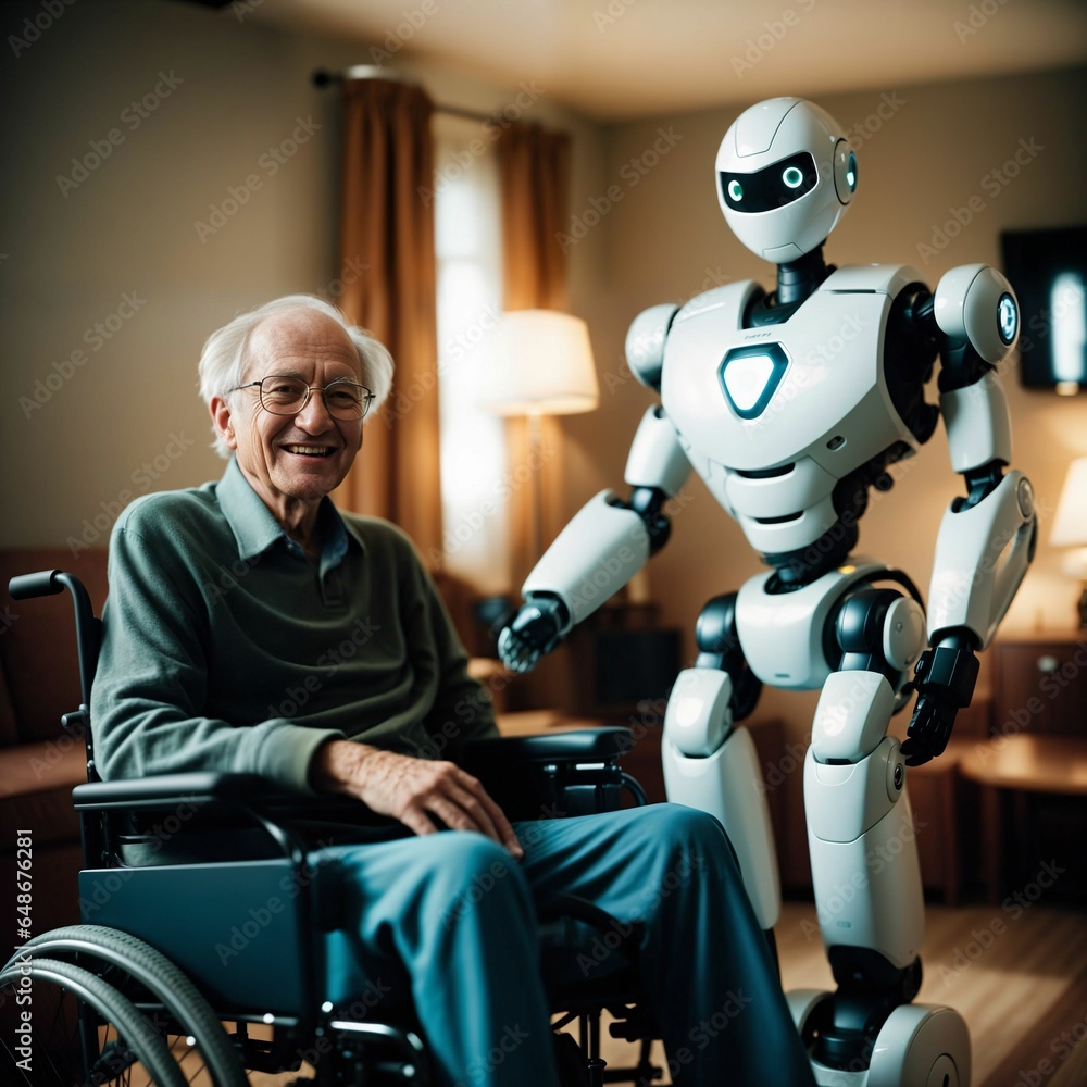 Poster robot assistant for person in wheelchair. robotic geriatric care in retirement home. robot caregiver