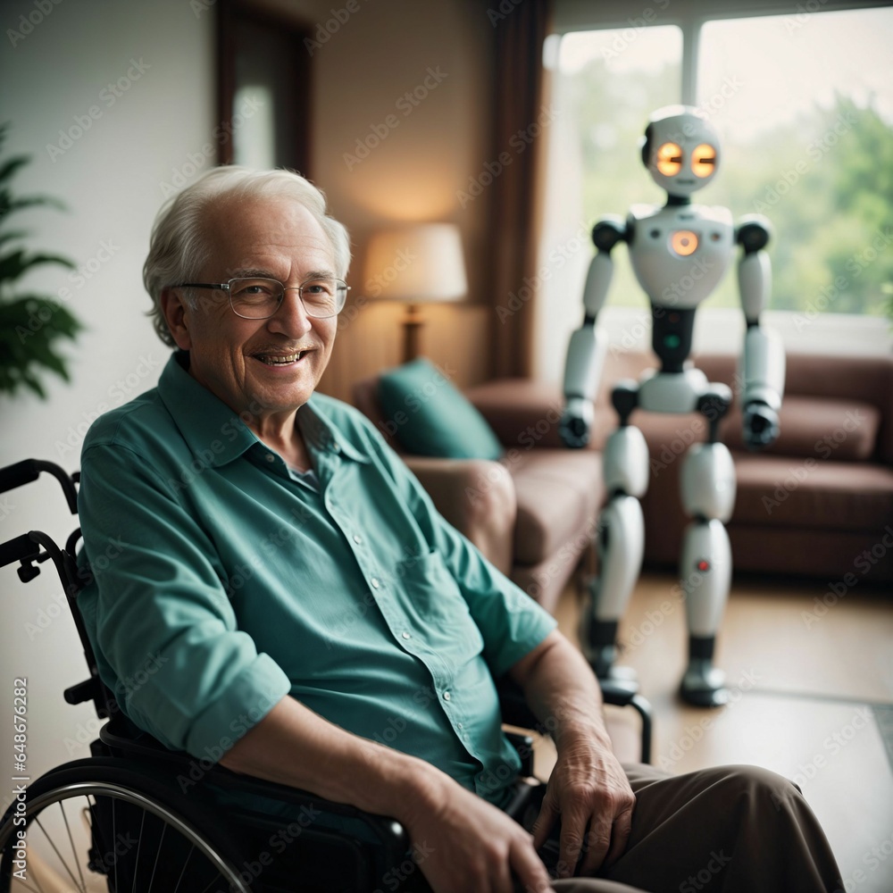 Poster robot assistant for person in wheelchair. robotic geriatric care in retirement home. robot caregiver