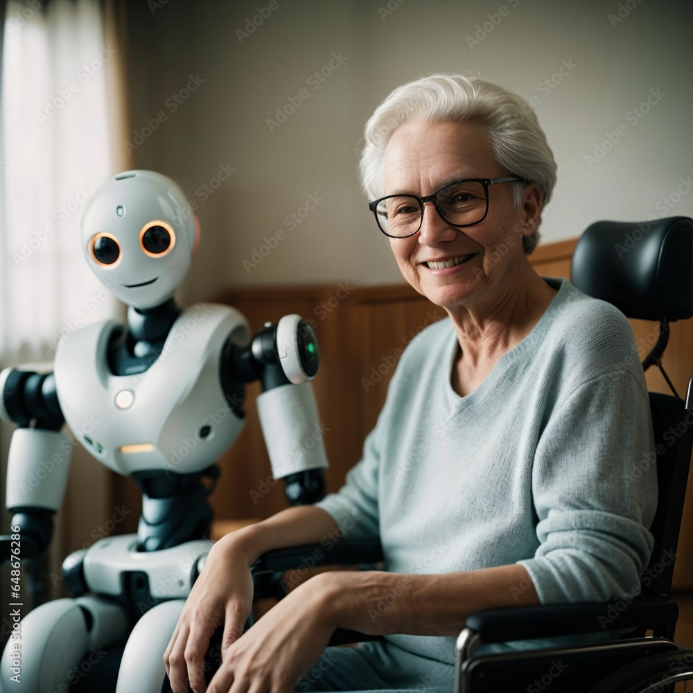Poster robot assistant for person in wheelchair. robotic geriatric care in retirement home. robot caregiver