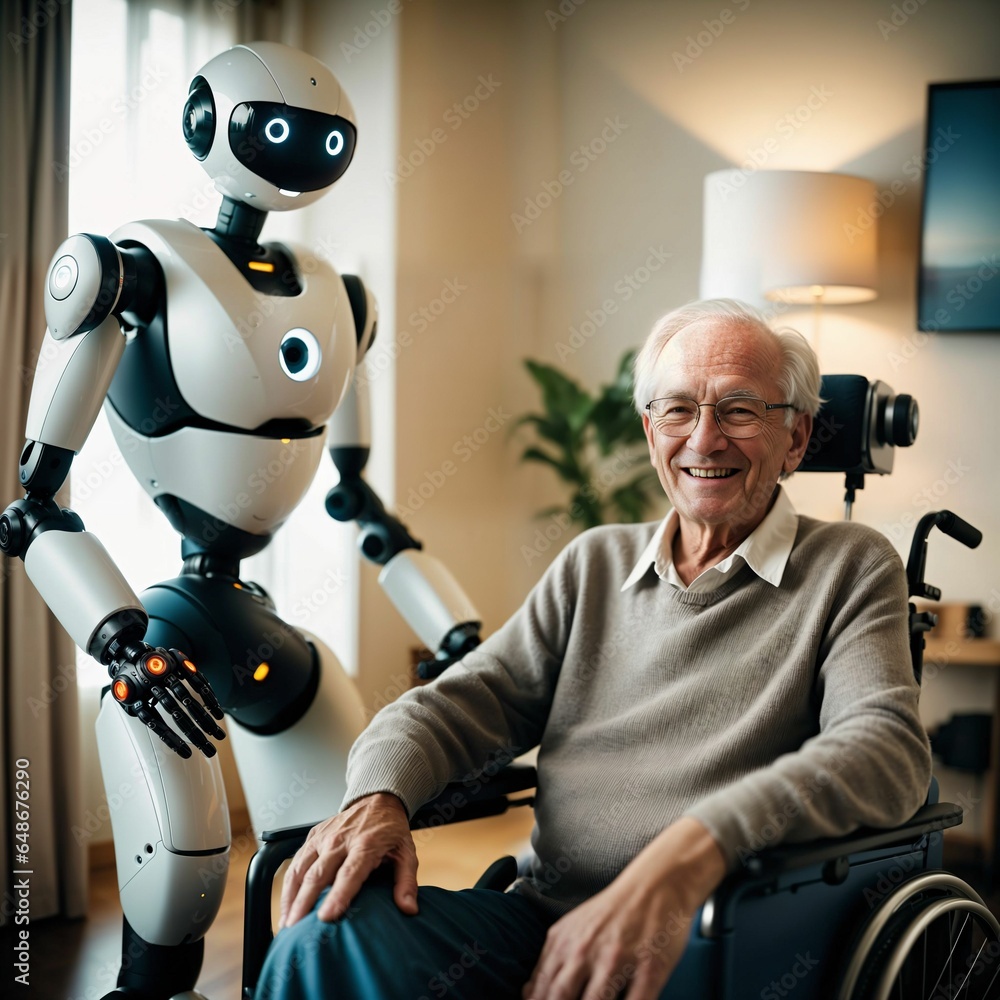 Poster robot assistant for person in wheelchair. robotic geriatric care in retirement home. robot caregiver