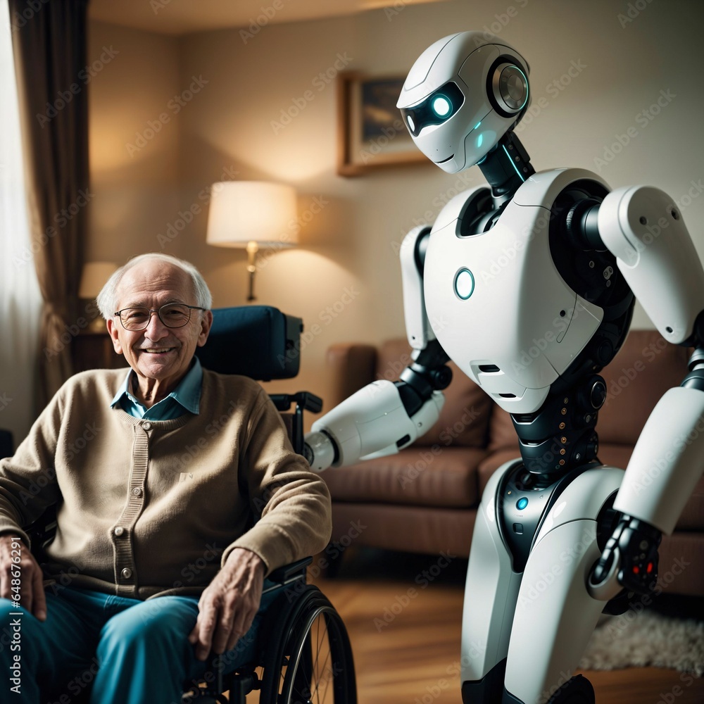 Poster robot assistant for person in wheelchair. robotic geriatric care in retirement home. robot caregiver