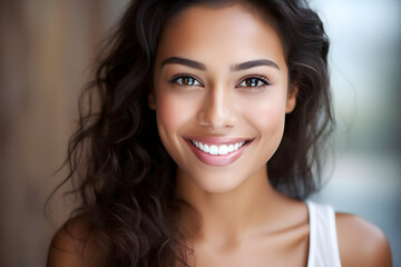 Naklejka premium A Close-Up Portrait of a Beautiful Young Asian Indian Model Woman, Radiantly Smiling with Impeccably Clean Teeth, Perfect for a Dental Advertisement