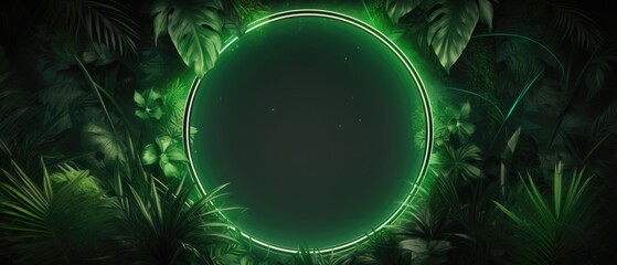 Banner with round neon frame and tropical plants