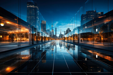 Fototapeta na wymiar A beautiful sunset over a city skyline. A reflection of a city in a glass wall